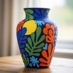 Photo réaliste d'un vase coloré aux motifs simplifiés, style Henri Matisse