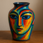 Photo réaliste d'un vase décoré de motifs expressionnistes colorés, inspiré d'Alexej von Jawlensky