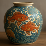 Photo réaliste d'un vase en céramique avec motifs marins Art Nouveau, style Maurice Pillard Verneuil