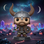 Viking avec casque à cornes et hache se tenant sur une planète alien en style Funko Pop