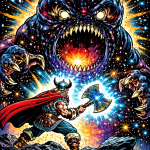 Guerrier viking avec une hache cosmique face à une bête cosmique, style Jack Kirby