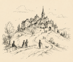 Paysage de village sur une colline, style Rodolphe Töpffer