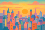 Paysage urbain au coucher du soleil avec des bâtiments pastel géométriques, style Mary Blair