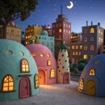 Ville nocturne colorée avec bâtiments en pâte à modeler, style Nick Park