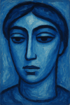 Visage stylisé dans une variation monochromatique bleue, style Alexej von Jawlensky