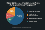 Camembert montrant la répartition de la consommation énergétique lors de la génération d’une image par une IA : 85% processeur/puce graphique, 10% écran, 5% périphériques et stockage.