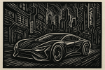 Voiture futuriste dans une ville cyberpunk gravée en linogravure, style Catlett