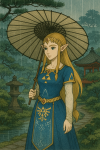 La princesse Zelda debout dans un jardin japonais sous la pluie, style estampe Hasui Kawase